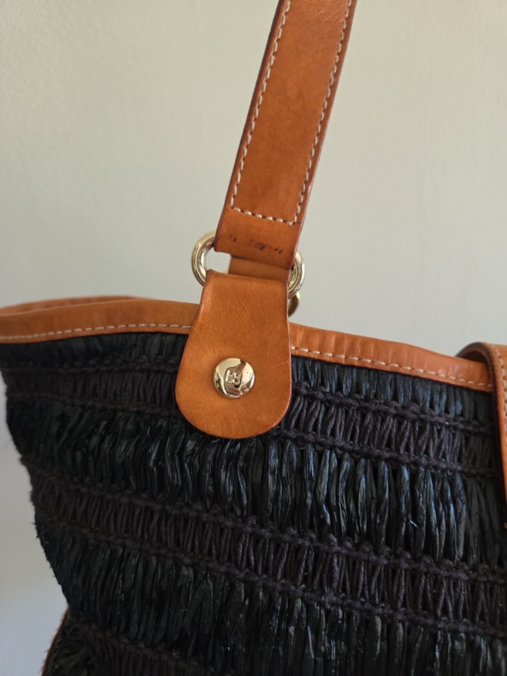 Vintage Kate Spade black straw purse handbag wooden bottom leather trim - Picture 10 of 12